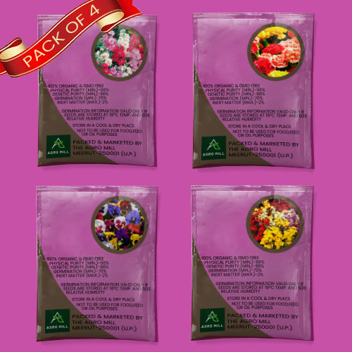 Flower Seeds Combo | CARNATION MIX | PANSY MIX | WALL FLOWER MIX | STOCK MIX |100% Organic | Non Gmo