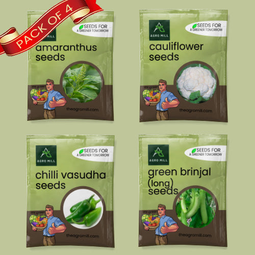 Vegetable Seeds Combo | Amaranthus | Cauliflower | Chilli Vasudha | Green Long Brinjal | 100% Organic | Non Gmo