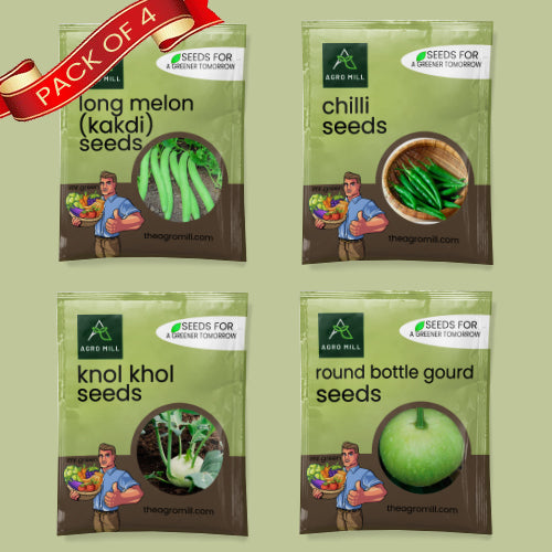 Vegetable Seeds Combo | Green Chilli | Kakdi | Knol Khol | Bottle Gourd Round | 100% Organic | Non Gmo